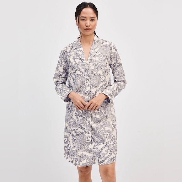 Haven Well Within Organic Cotton Poplin Grey Paisley Boho Sleep Shirt Dress Sz L
